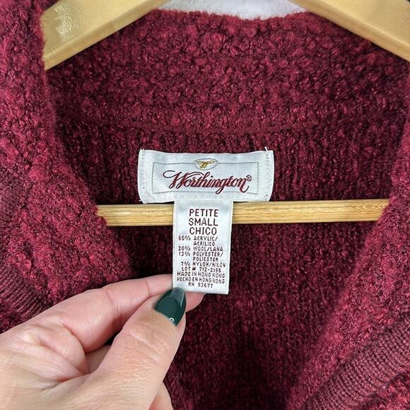 WORTHINGTON Maroon Burgundy Button Up Teddy Acrylic Wool Cardigan Petite Small - Picture 7 of 9